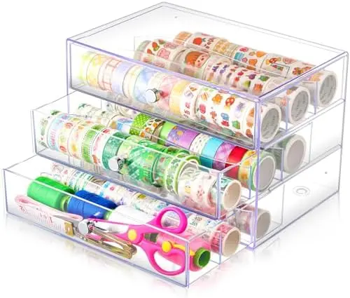 1 Pack 3 Drawer Clear Washi Tape Organizer Acrylic Storage Box