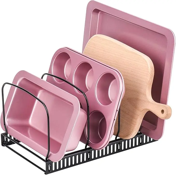 10+ Bakeware Organizer Rack for Kitchen Bakeware, Cookware, Dinnerware, Cutting Boards, Plates, Pot and Pan Lids (Black)