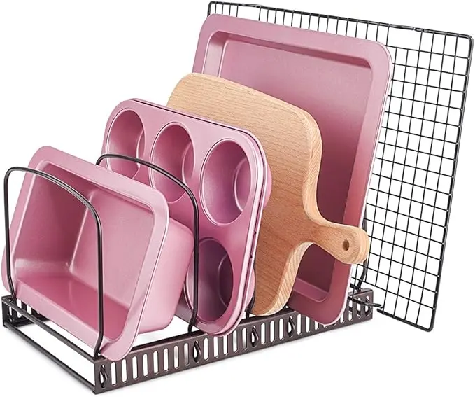10+ Bakeware Organizer Rack for Kitchen Bakeware, Cookware, Dinnerware, Cutting Boards, Plates, Pot and Pan Lids (Brown)