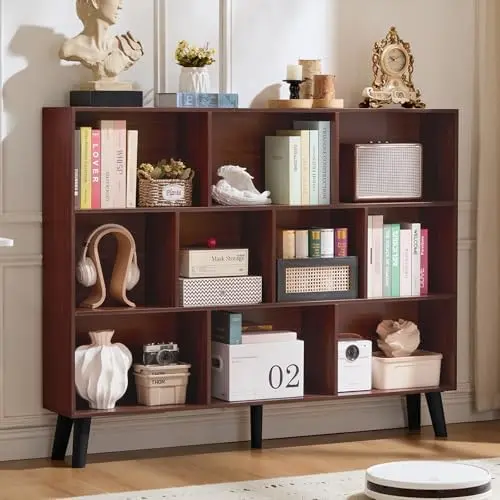 10 Cube Bookshelf, Mid-Century Modern Book Shelf with Legs, Walnut
