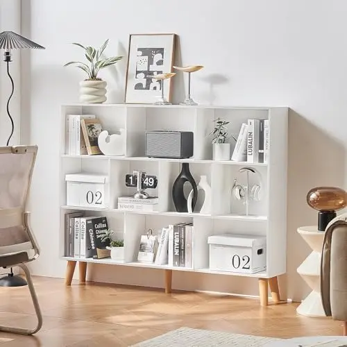 10 Cube Bookshelf, Mid-Century Modern Book Shelf with Legs, White