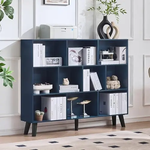 10 Cube Bookshelf,Mid-Century Modern Bookcase with Legs,Dark Blue
