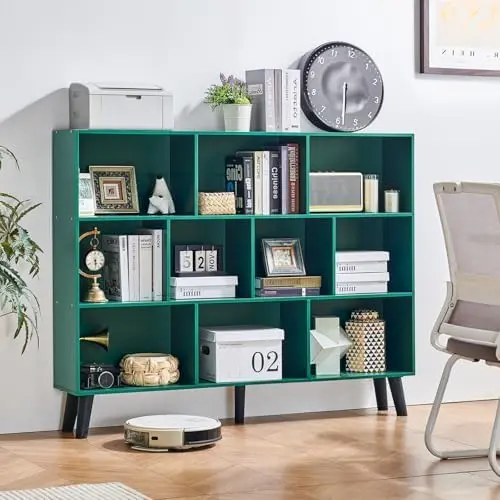 10 Cube Bookshelf,Mid-Century Modern Bookcase with Legs,Dark Green