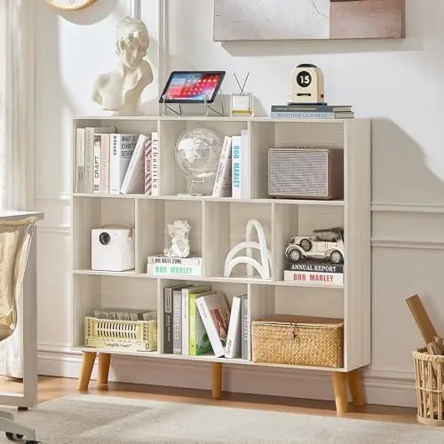 10 Cube Bookshelf,Mid-Century Modern Bookcase with Legs,Light Grey