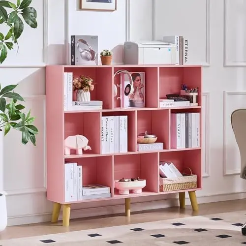 10 Cube Bookshelf,Mid-Century Modern Bookcase with Legs,Light Pink