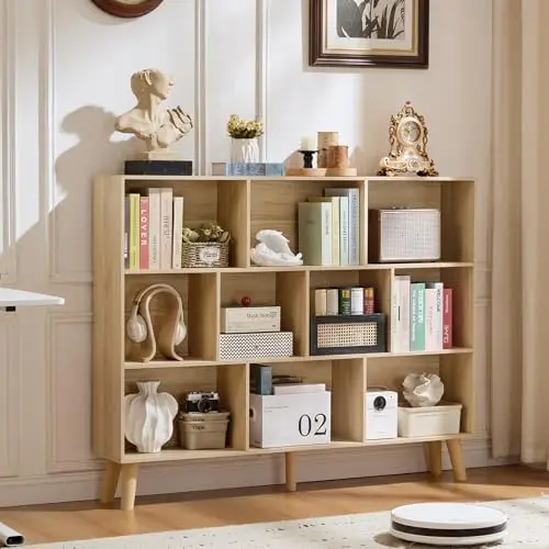10 Cube Bookshelf,Mid-Century Modern Bookcase with Legs,Light Wood