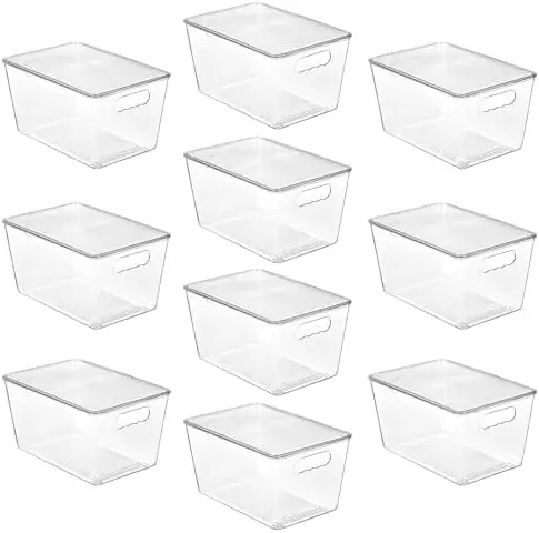 10 Pack Clear Stackable Storage Bins with Lids and Handles, Large