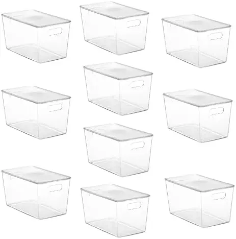 10 Pack Clear Stackable Storage Bins with Lids and Handles, XLarge