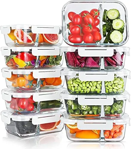 10 Packs 30oz Glass Meal Prep Containers 2 Compartments, White