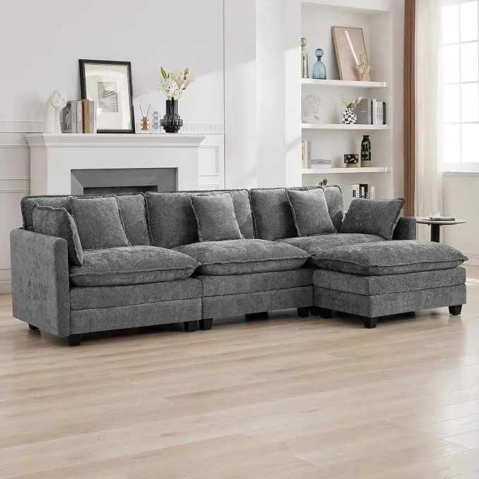 111'' Sectional Cloud Deep Seat Couch, Modern Comfy Chenille L Shaped Sectional