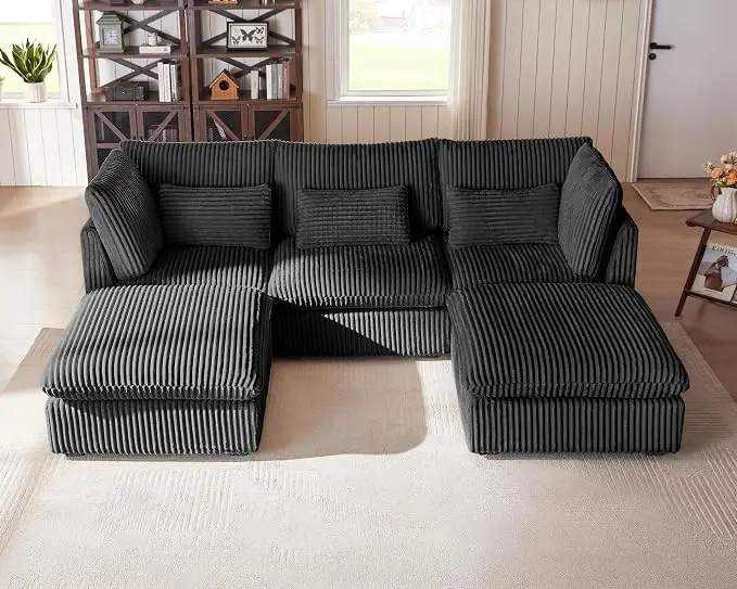 115" Oversized Corduroy Couch Modular Sectional Sofa, Washable Cloud Couch