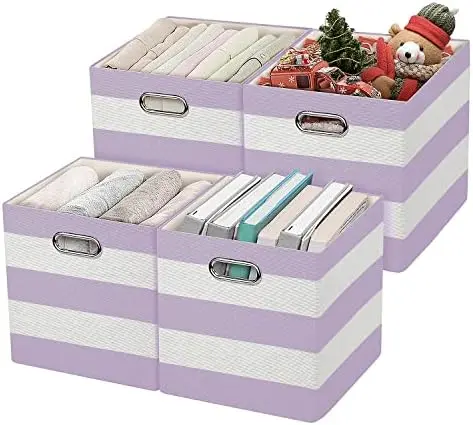 11x11 Storage Cubes Collapsible Fabric Bins- 4pcs,Purple-white Striped