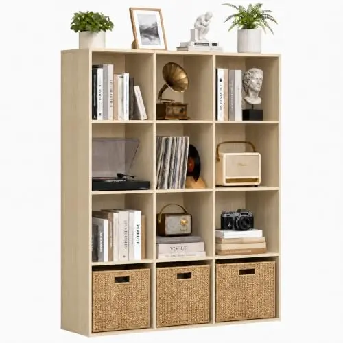 12 Cube Storage Organizer with Back Panel, Cube Bookshelf, Natural