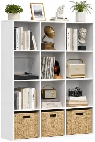 12 Cube Storage Organizer with Back Panel, Cube Bookshelf, White