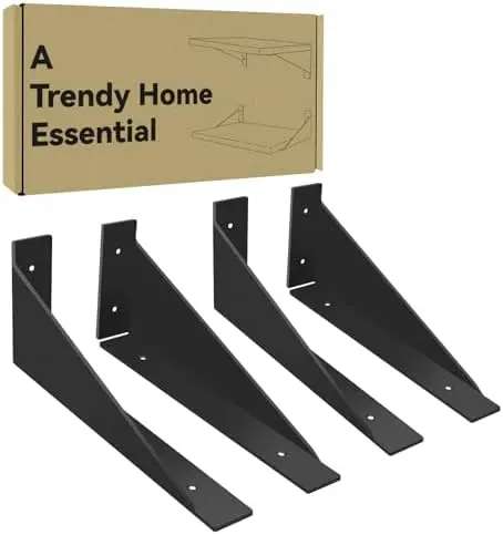 12 Inch Shelf Brackets, Black, 4 Pack, Metal Shelving Brackets