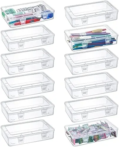 12 Pack Clear Plastic Storage Containers with Lids, 8 x 5 x 1.75 Inch Empty Hinged Boxes, Stackable Organizer Boxes for Home, Office, Craft Supplies