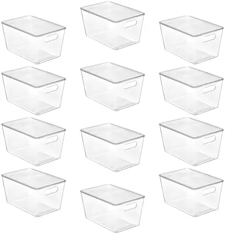 12 Pack Clear Stackable Storage Bins with Lids and Handles, Large