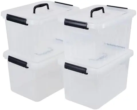 12 Quart Clear Storage Bin, Plastic Latching Box with Handle 4 Pack