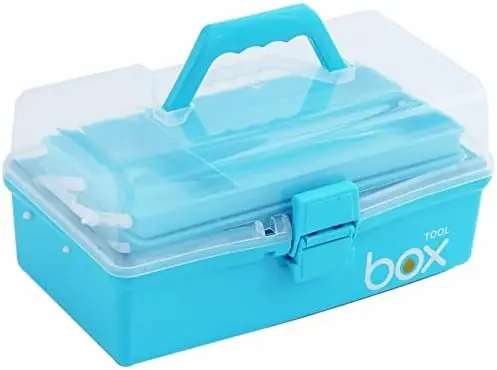 12'' Three-Layer Clear Art Box Organizer, Multipurpose Plastic Craft Box with Handle (Blue)