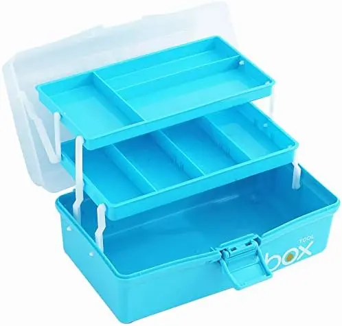 12'' Three-Layer Clear Plastic Craft Storage Box, Tool Box/Sewing Box Organizer, Art Storage Box with Handle (Light Blue)