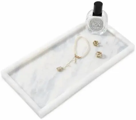 12" x 6" White Marble Vanity Tray for Home, Marble Bathroom Tray