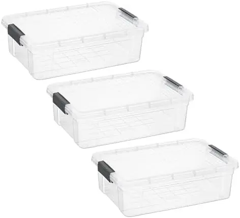 13.7 Quart Clear Plastic Storage Bin with Lid, Stackable Organizer Box, BPA-Free Storage Container for Home, Garage, School & Office, 3 Pack
