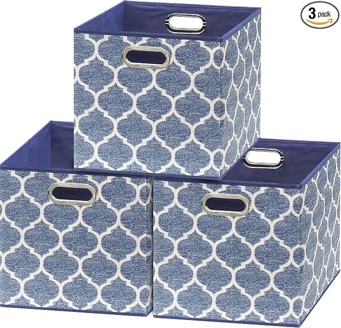 13-Inch Collapsible Fabric Cube Storage Bin with Handles, Printed Design, 3 Pack, Steel Blue