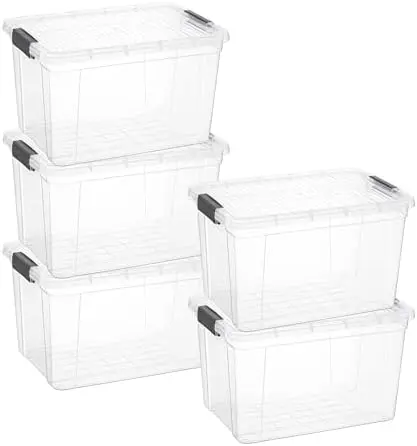 14.7 Quart Clear Plastic Storage Boxes with Lids, Stackable Organizer Containers, BPA-Free Storage Bins for Home, Office, School & Dorm, 5 Pack