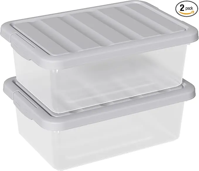 14 Quart Plastic Clear Storage Bin, Stackable Latching Box with Grey Lid, 2 Packs