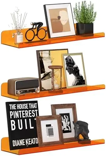 15" Floating Shelves for Wall, 3 Pack Clear Orange Display Ledges