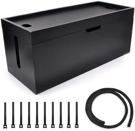 15 Inch Bamboo Large Cable Management Box, Black Cord Organizer