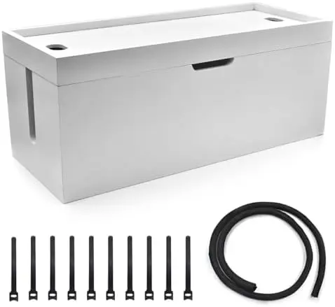 15 Inch Bamboo Large Cable Management Box, White Cord Organizer