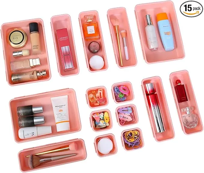 15 PCS Interlocking Desk Drawer Organizer Separator for Office,Bathroom,Kitchen,Makeup(Pink)
