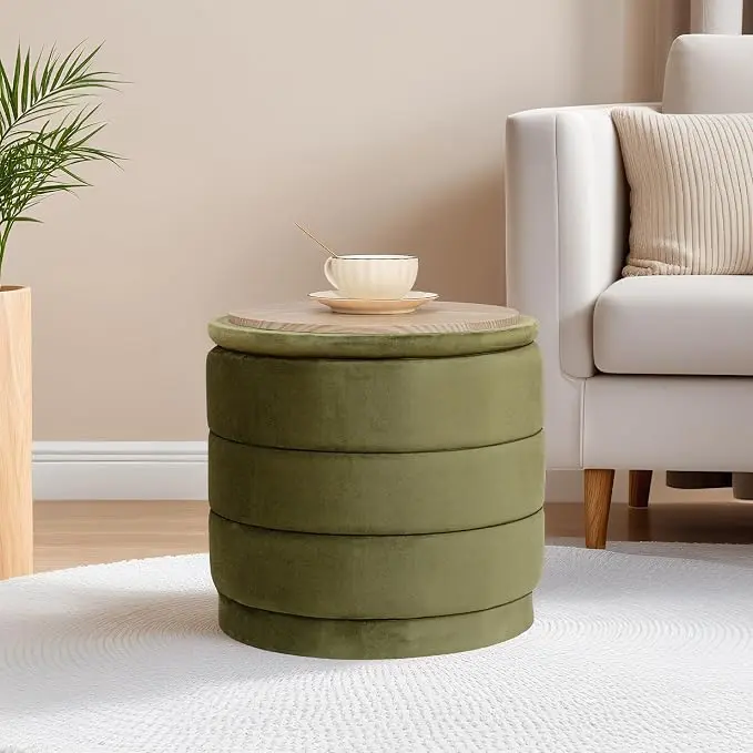 15" Upholstered Round Velvet Ottoman