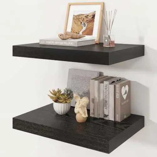 16" Black Floating Shelves 12inch Deep Wall Shelf, Set of 2