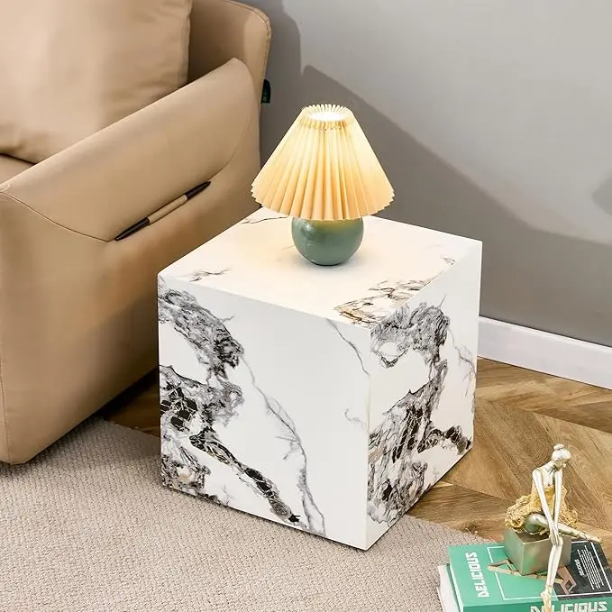 16'' Cube Coffee Table with Marble Stone Pattern, Square No Assembly End Table