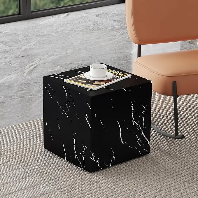 16'' Cube Coffee Table with Marble Stone Pattern, Square No Assembly End Table