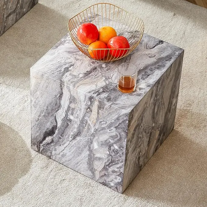 16'' Cube Coffee Table with Marble Stone Pattern, Square No Assembly End Table