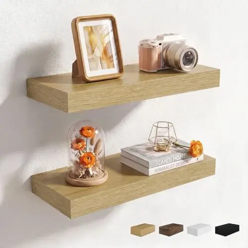 16 Inch Floating Shelves for Wall, 2 Packs, Invisible Brackets, Oak