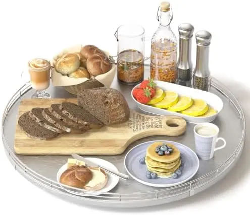 16-Inch Oak Lazy Susan Organizer with Silver Iron Rail