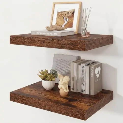16" Rustic Brown Floating Shelves 12inch Deep Wall Shelf, Set of 2