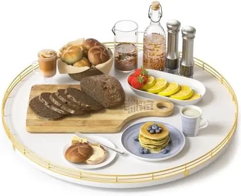 18-Inch Large Oak Lazy Susan Organizer, Gold and White