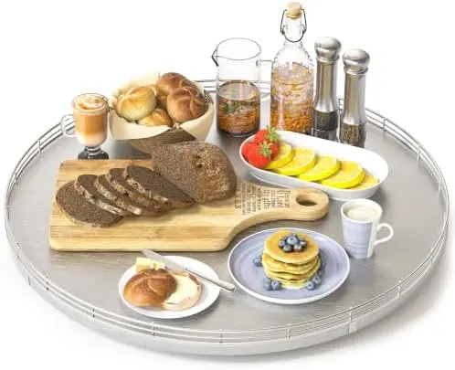 18-Inch Oak Lazy Susan Organizer with Silver Iron Rail
