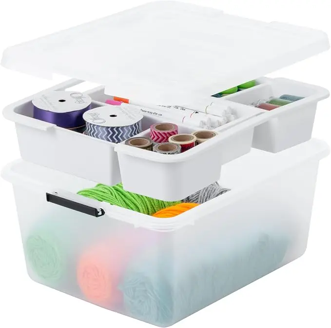 18 QT Clear Storage Organizer with Removable Dividers, Stackable Plastic Storage Box with Lid, Modular Container for Crafts, Tools, Office & Pantry Organization