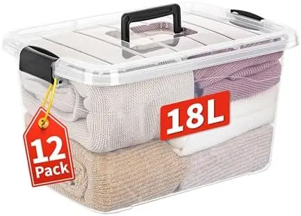 18Lx12 Pack Storage Boxes, Storage Box with Lids and Handle for Home Dorm Office Organization, Stackable Nesting Tote Container, Plastic, Clear, 18L-12 Pack