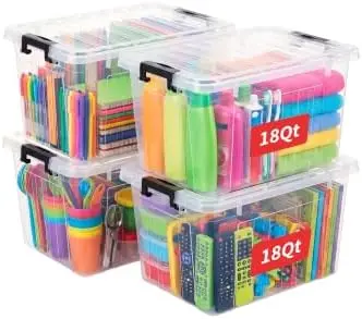 18Qt Plastic Storage Bin, Stackable Storage Box with Lid, Organizer, Container for Home, Office, Drom, PP, BPA-Free, Nestable, Clear, 18Quart-4 Pack