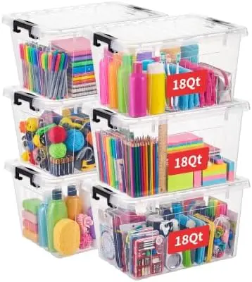 18Qt Plastic Storage Bin, Stackable Storage Box with Lid, Organizer, Container for Home, Office, Drom, PP, BPA-Free, Nestable, Clear, 18Quart-6 Pack