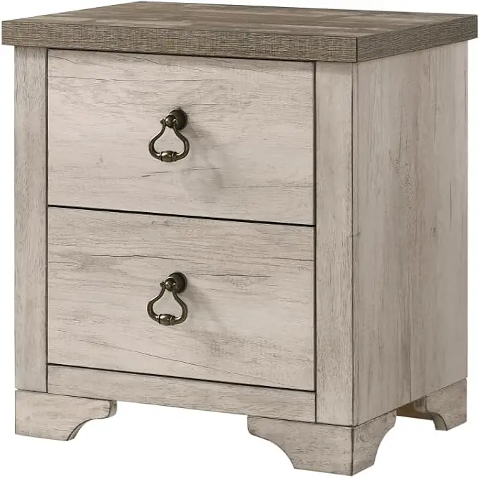 1pc Cottage Style Distressed 2 Drawer Nightstand Driftwood Finish