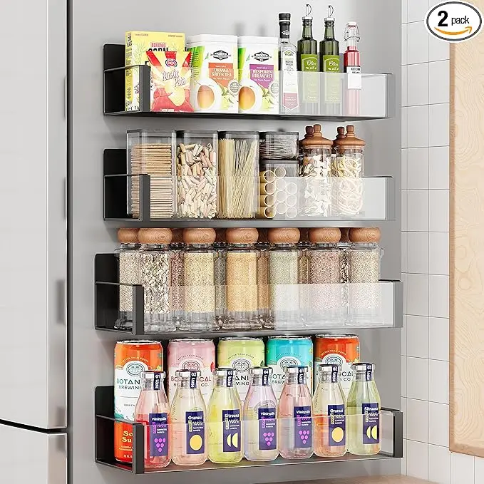 2/3/4 Pack Moveable Fridge Magnetic Spice Racks,Metal Black/White (Clear)