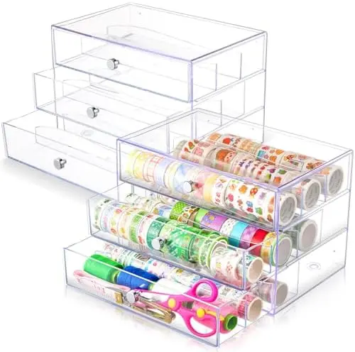 2 Pack 3 Drawer Clear Washi Tape Organizer Acrylic Storage Box